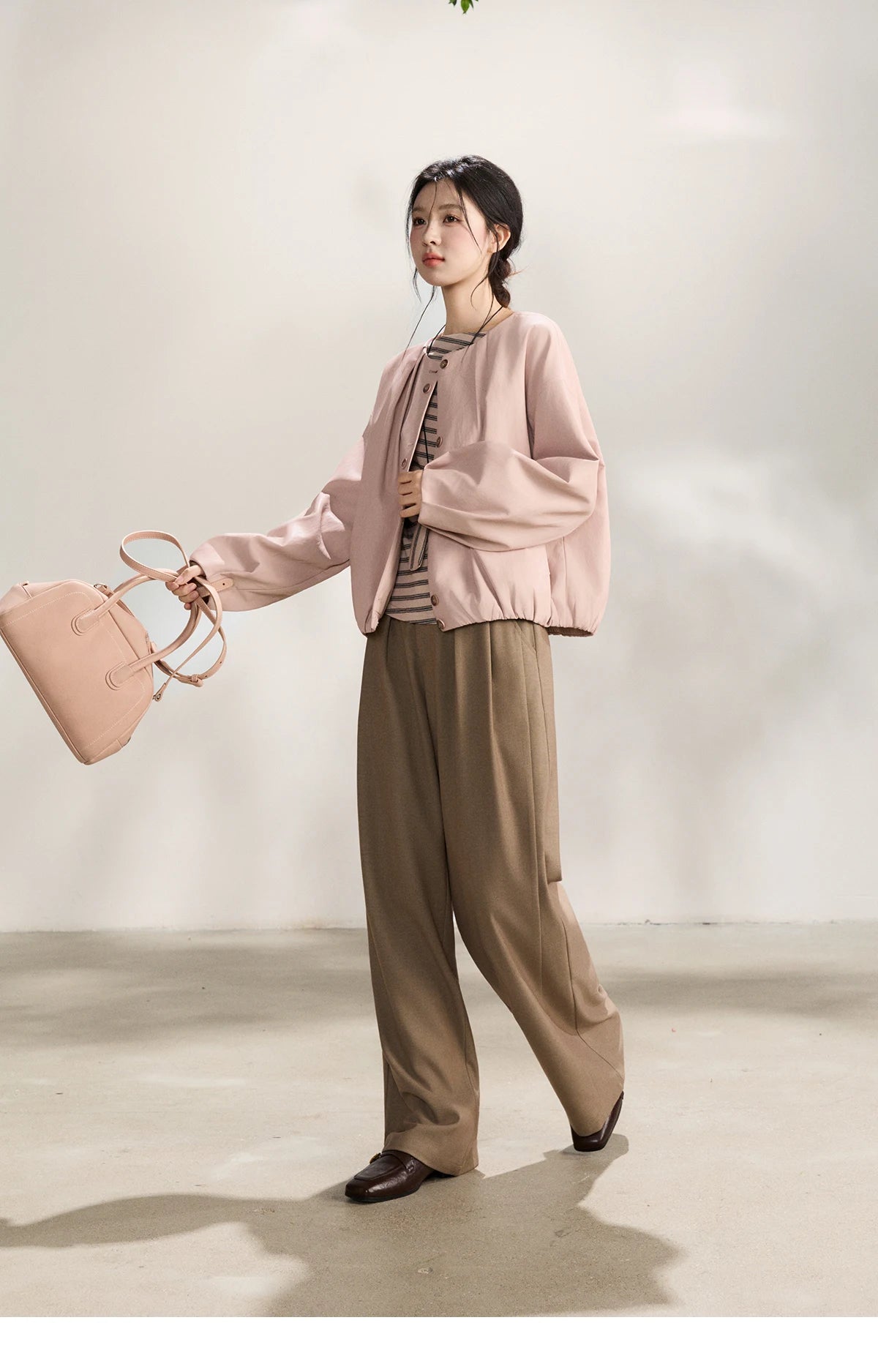 MISHOW Women's Pink Flower Bud Leather Jacket Spring 2026 Crew Neck Single-breasted Coats Casual Loose Cropped Coat MXF108W1001