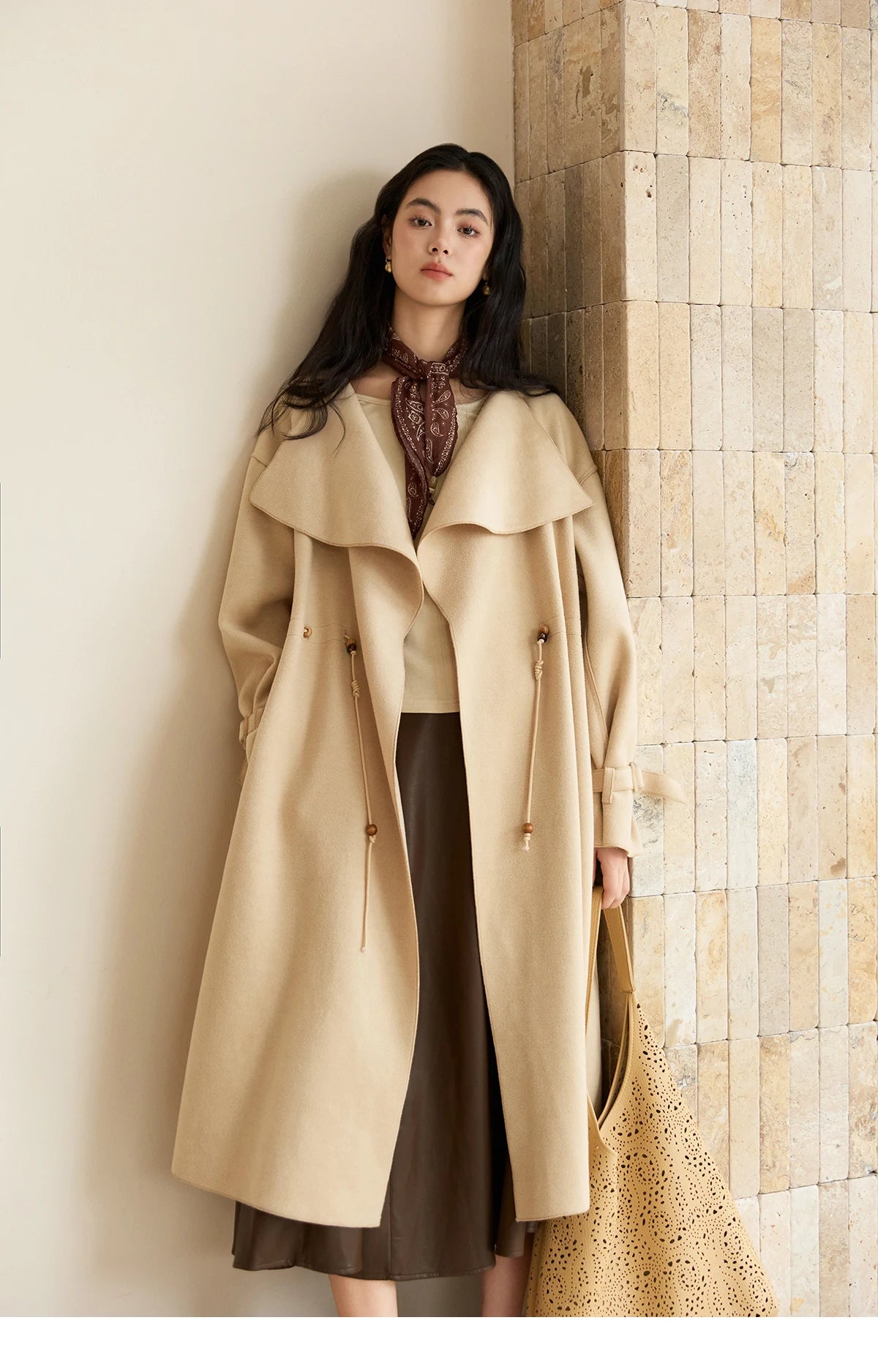 MISHOW Woolen Coat for Women 2025 Autumn Winter New Style Drawstring Waist Large Lapel Mid-length Commuter Loose Coat MXE45W0841