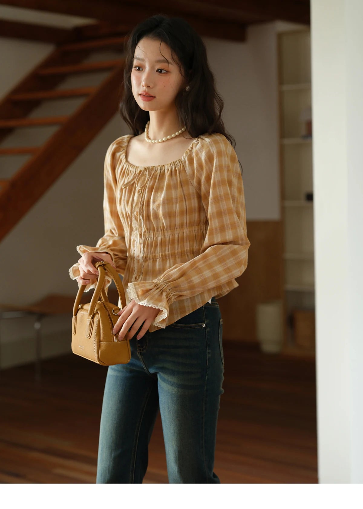 MISHOW Yellow Plaid Blouse for Women 2025 Autumn Korean Waist Square Neck Top Cuff Patchwork Lace Puff Sleeve Blouses MXE43X1986