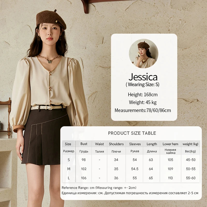 MISHOW French Retro Contrasting V-neck Shirt 2024 Autumn Solid Lantern Sleeve Top Single Row Two Buttons Casual Shirt MXD26X1597