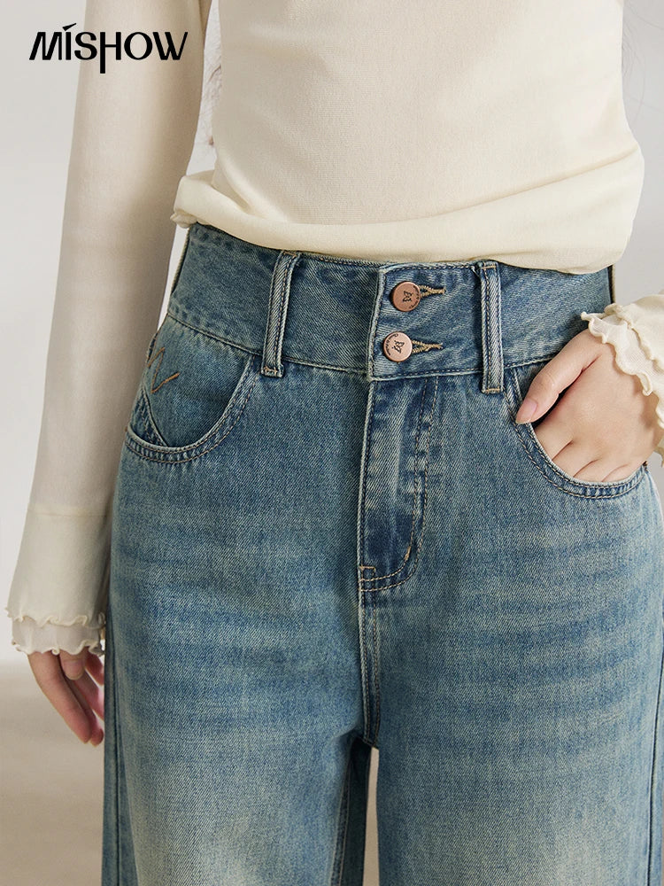 MISHOW Women's Vintage Blue Wide Leg Jeans Spring High Waist Cotton Pants Two-button Loose Casual Denim Trousers MXF108K1005