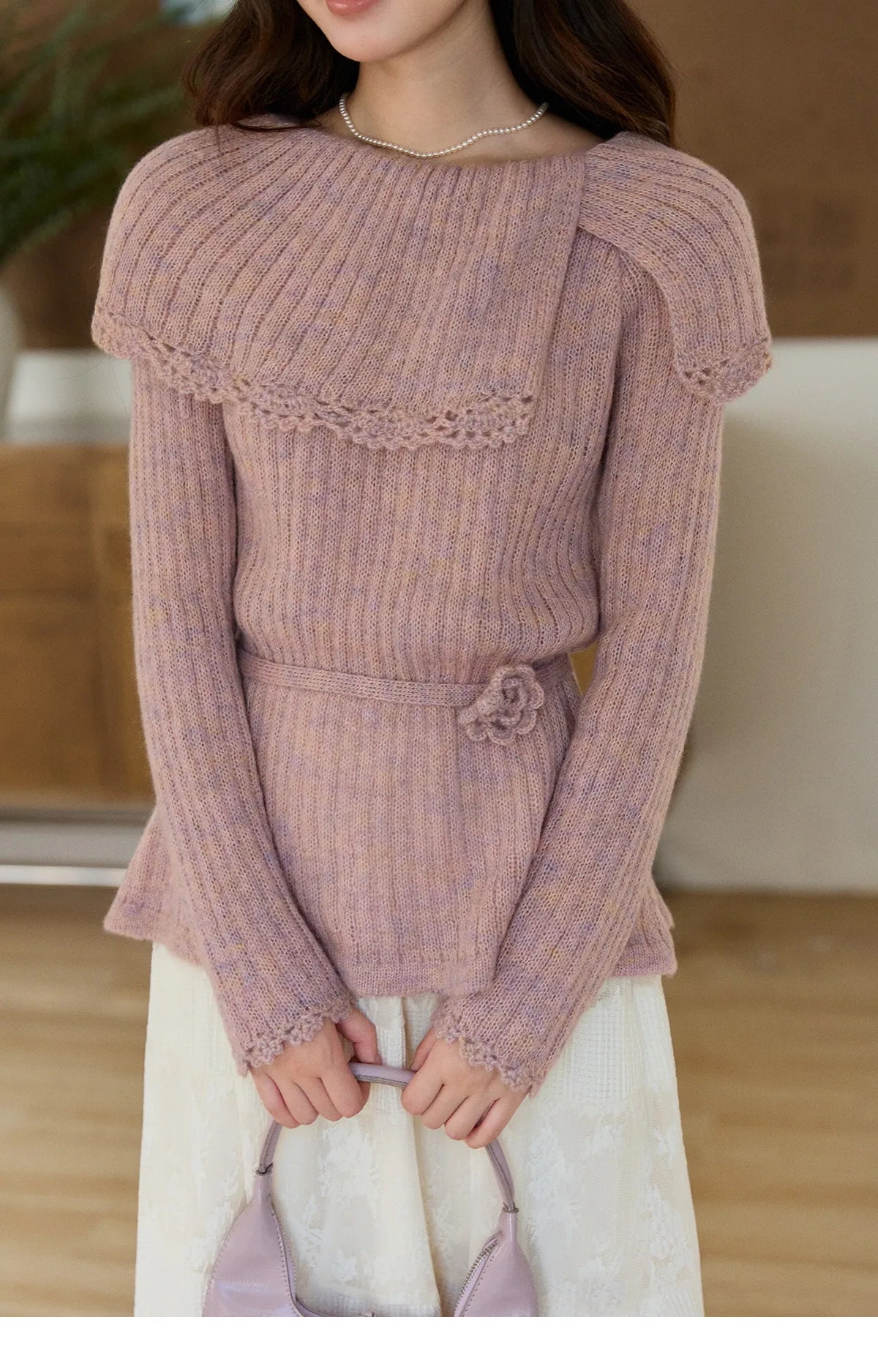 MISHOW Women's Pink Ribbed Knitted Sweater 2026 Spring Large Collar Lace Trim Belted Waist Long Sleeve Pullover Tops MXF11Z2901