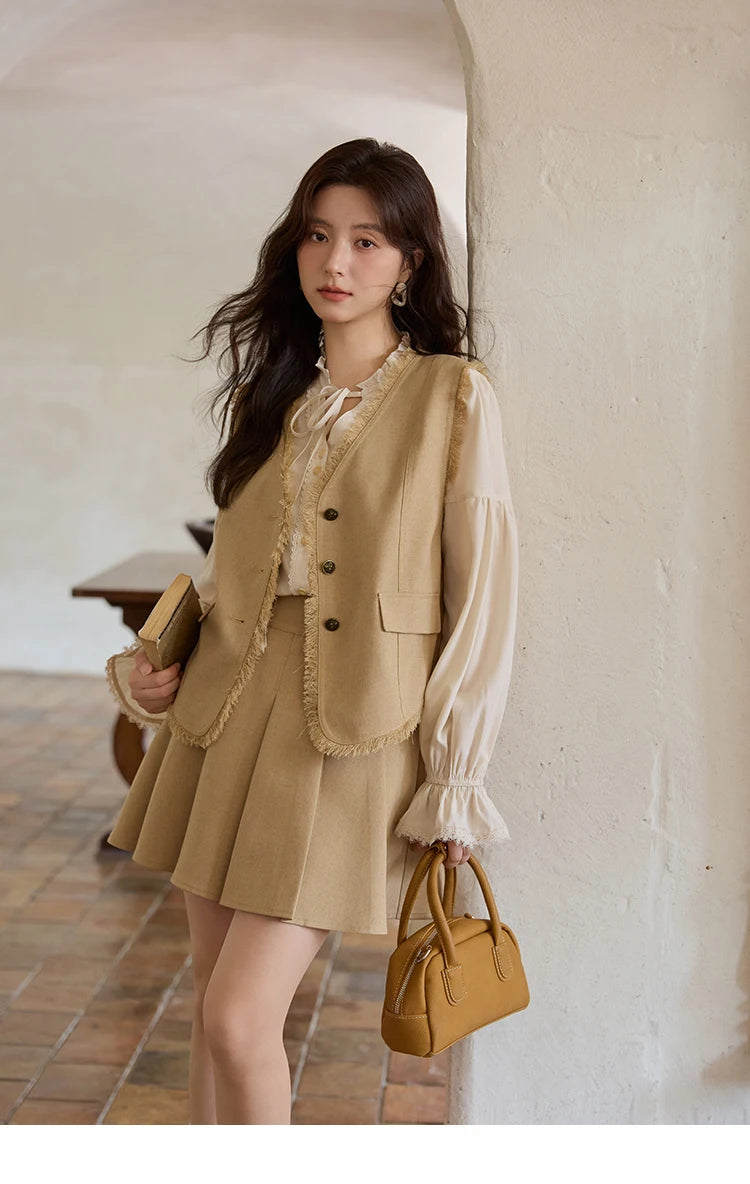 MISHOW Khaki Rough Selvedge Vest Coat Pleated Skirt Two-piece Set 2025 Autumn Women Linen Blend Retro Set Office Lady MXE41T0690