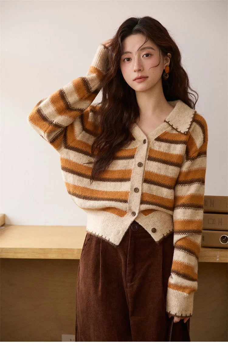 MISHOW Striped Cardigan for Women 2025 Winter Retro Unique Design V-neck Single-breasted Sweater Wool Long Sleeve Top MXE87Z2681