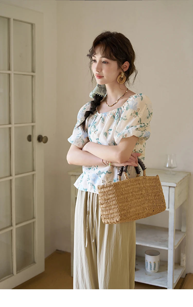 MISHOW Floral Hollow Blouse for Women 2024 Summer Korean Square Collar Elastic Blouses Sweet Puff Sleeve Loose Tops MXD29X1602