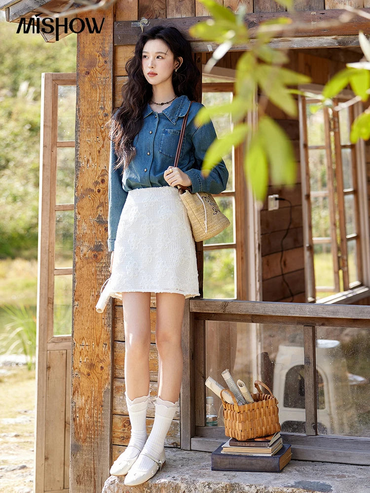 MISHOW Retro Washed Denim Shirt Spring 2025 Double Layered Patchwork Collar Shirt Metal Buckle Single Breasted Tops MXE12C0751