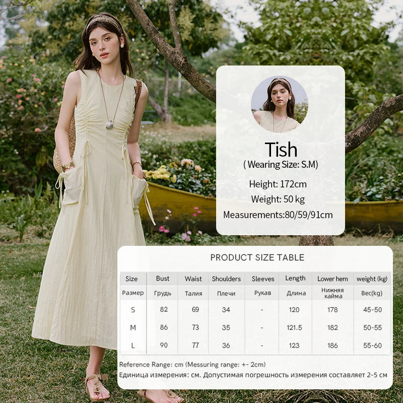 MISHOW Office Lady Summer Dress Women New 2025 Sleeveless Round Neck Drawstring Waist with Pockets Slim Dresses Woman MXE34L2228