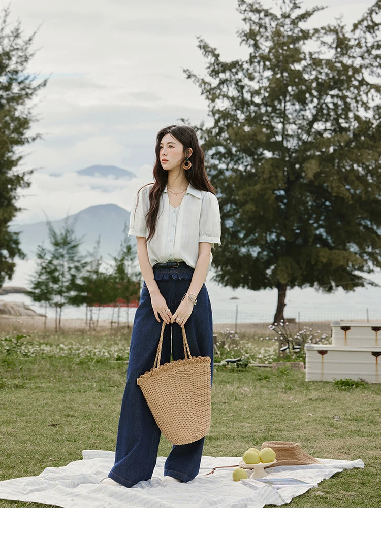 MISHOW French Summer Blouses Women New 2025 Solid Short Sleeve Turn-down Collar Slimming Shirts Female Straight Thin MXE33C0782