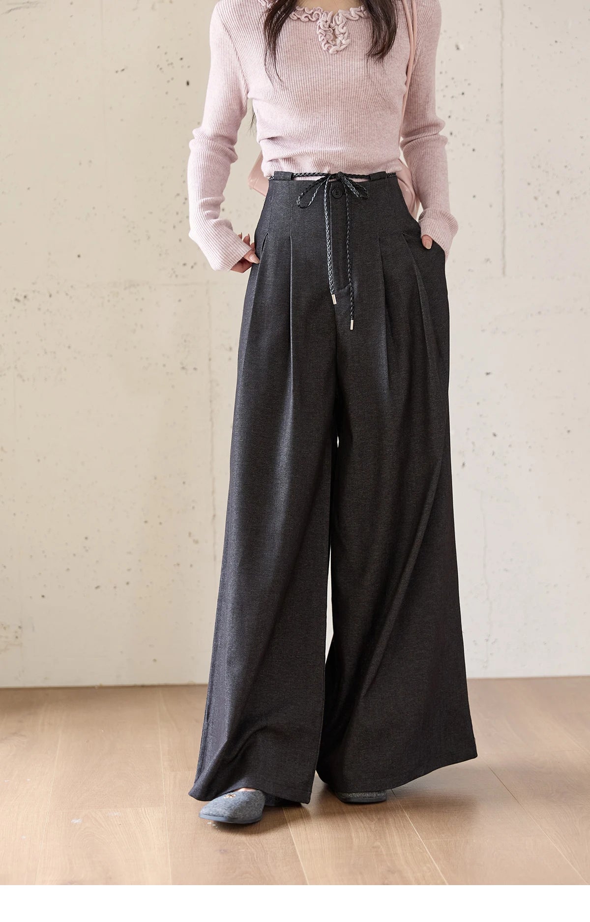 MISHOW Women's Trousers 2025 Autumn Winter Lace-up Gray Wide-leg Pants High Waist Slim Commuting Casual Pants Women MXE51K1106