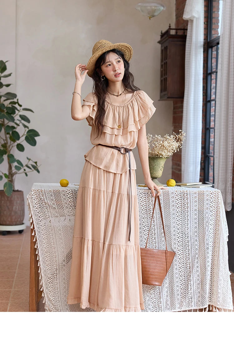 MISHOW Women Fashion Two-Piece Set 2025 Summer Loose Lotus Leaf Edge Off Shoulder Top Elastic Waist Skirt Ladies Set MXE36T0637