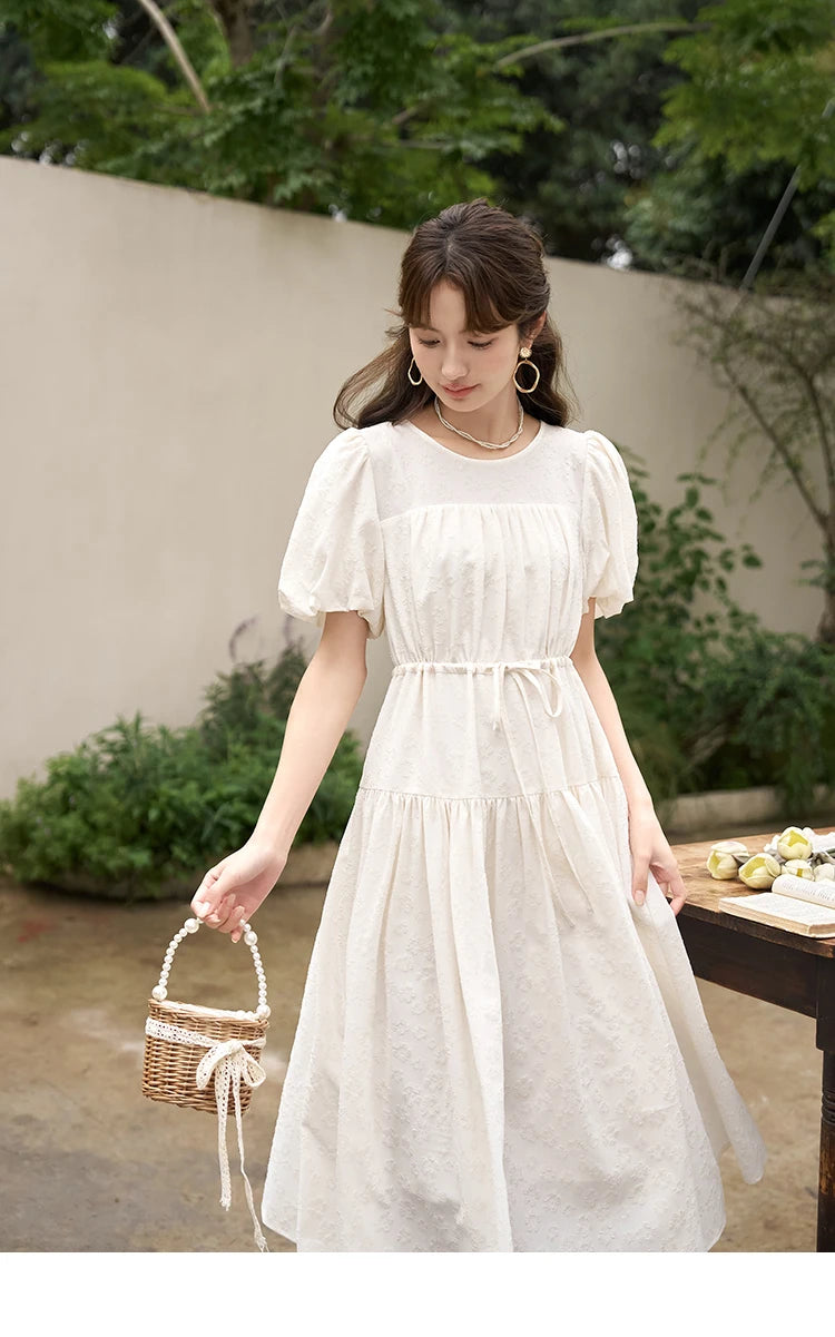 MISHOW French Draw String Waist Dress 2023 Summer Short Sleeve A-LINE Puff Sleeve O-Neck Pullover Elegant Solid Dress MXC38L1415