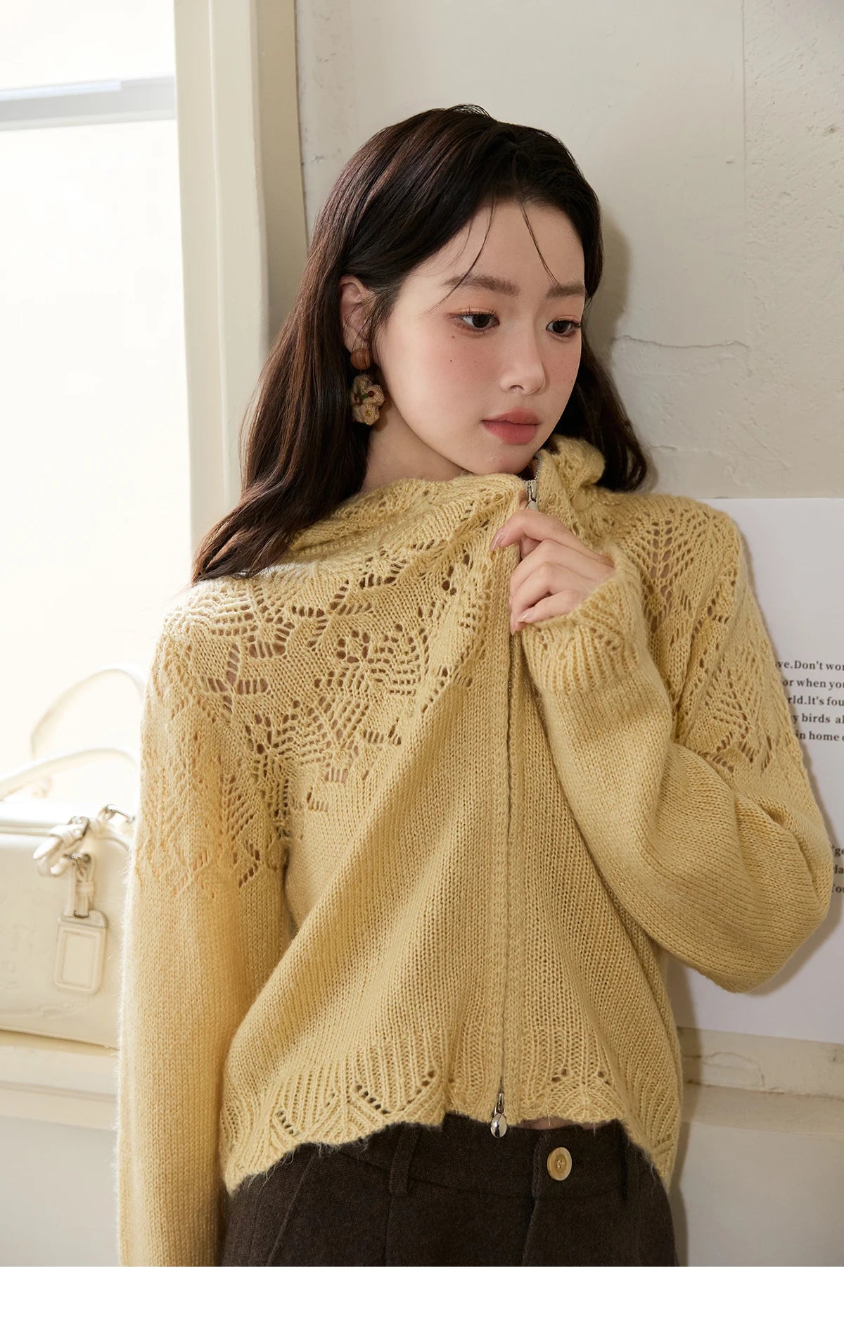 MISHOW Yellow Hollow Out Cardigan Women 2025 Autumn Winter New Hooded Zipper Sweater Loose Casual Bottoming Tops MXE46Z2584