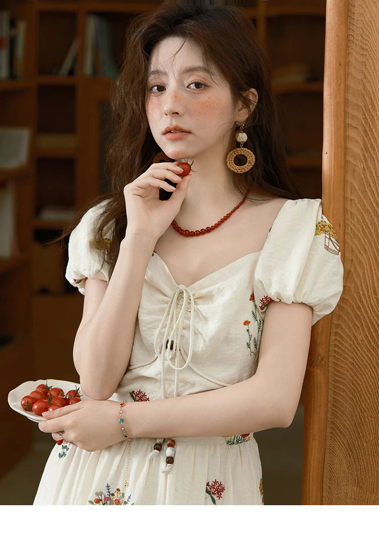 MISHOW Fashion Flower Embroidery Dress for Women Summer 2025 New Square Neck Lace Up Puff Sleeve Large Swing Dresses MXE37L2315