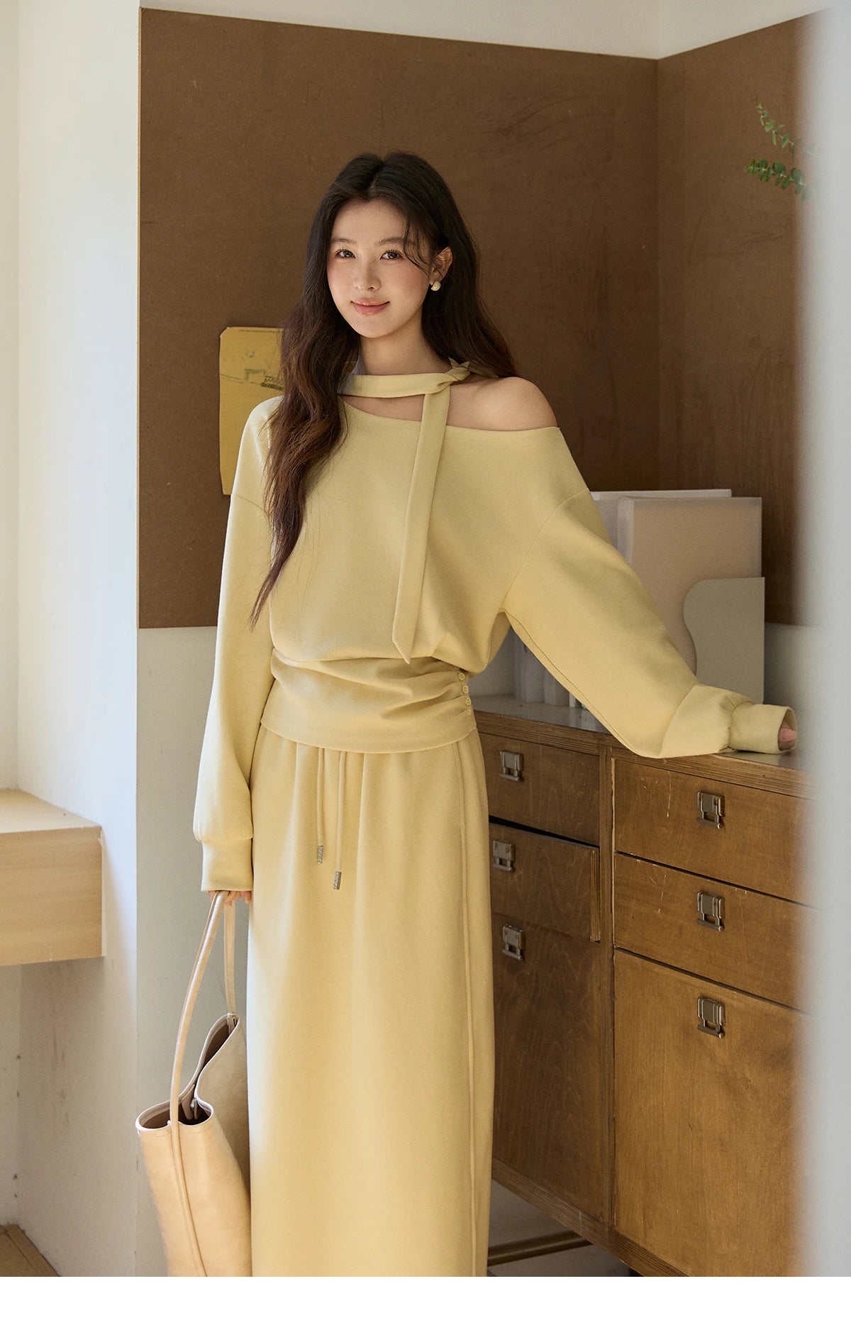 MISHOW Women's Light Yellow Two-Piece Set Asymmetrical Off-shoulder Pullover Top Rear Fork Midi Skirt Set with Ribbon MXE11T1489