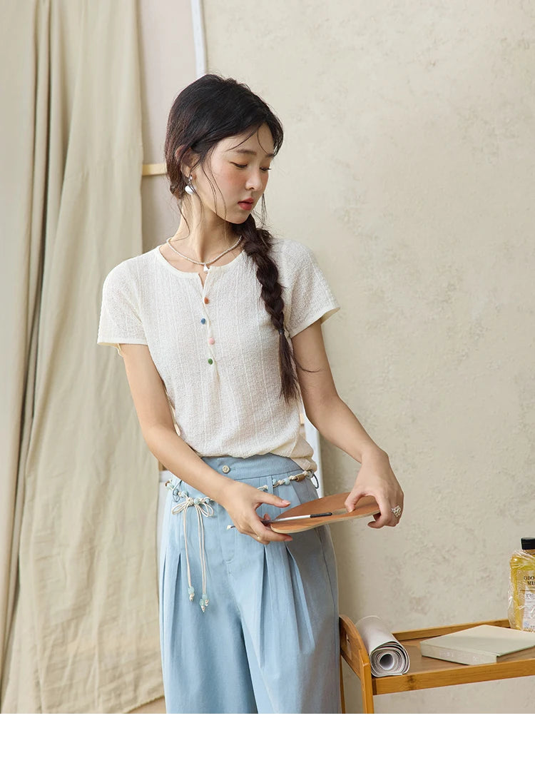 MISHOW Short Sleeved Knitted T-shirt for Women Summer 2025 Twisted Design Dopamine Button Tees Slim Breathable Top MXE34Z1243