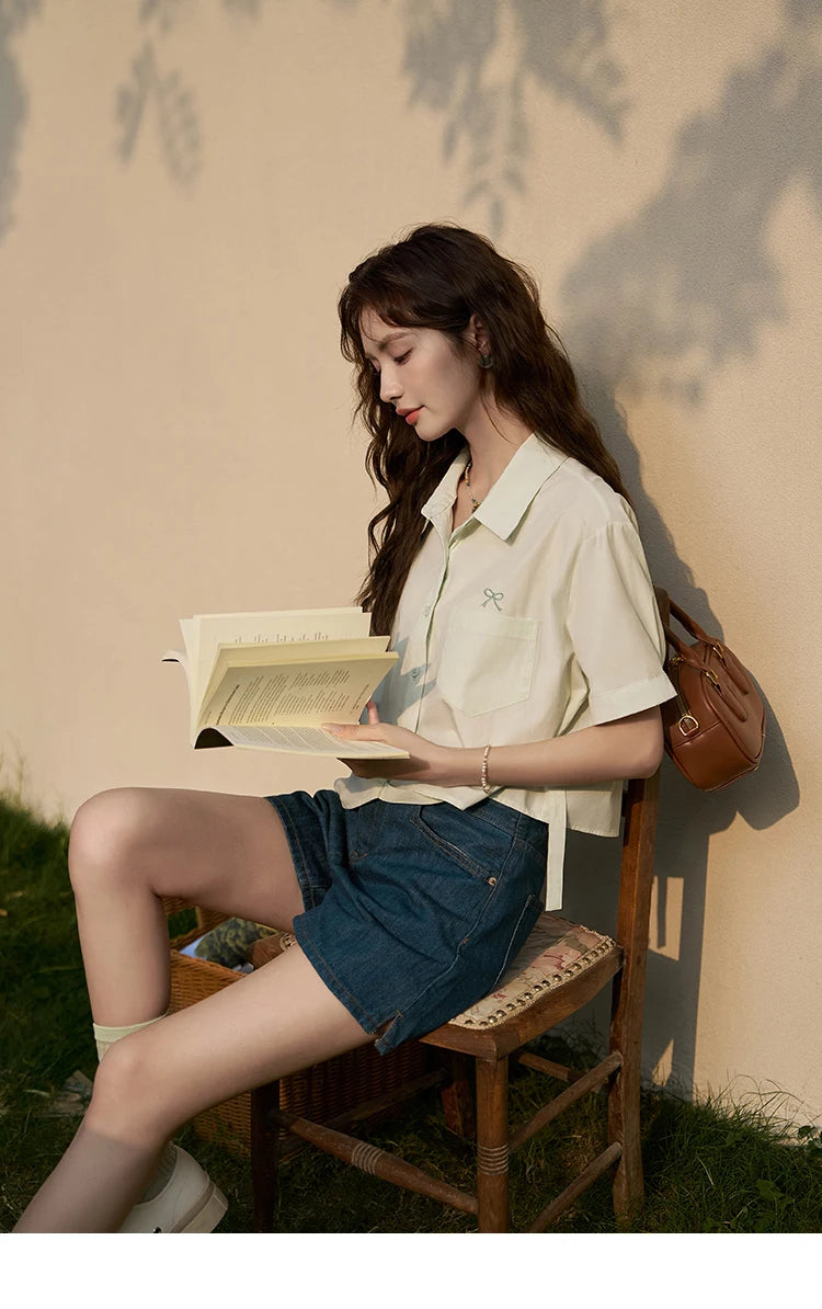 MISHOW Same Color Bow Embroidered Shirt Summer 2024 Lapel Collar Asymmetric Hem 100 Cotton Casual Short Sleeved Top MXD23C0257