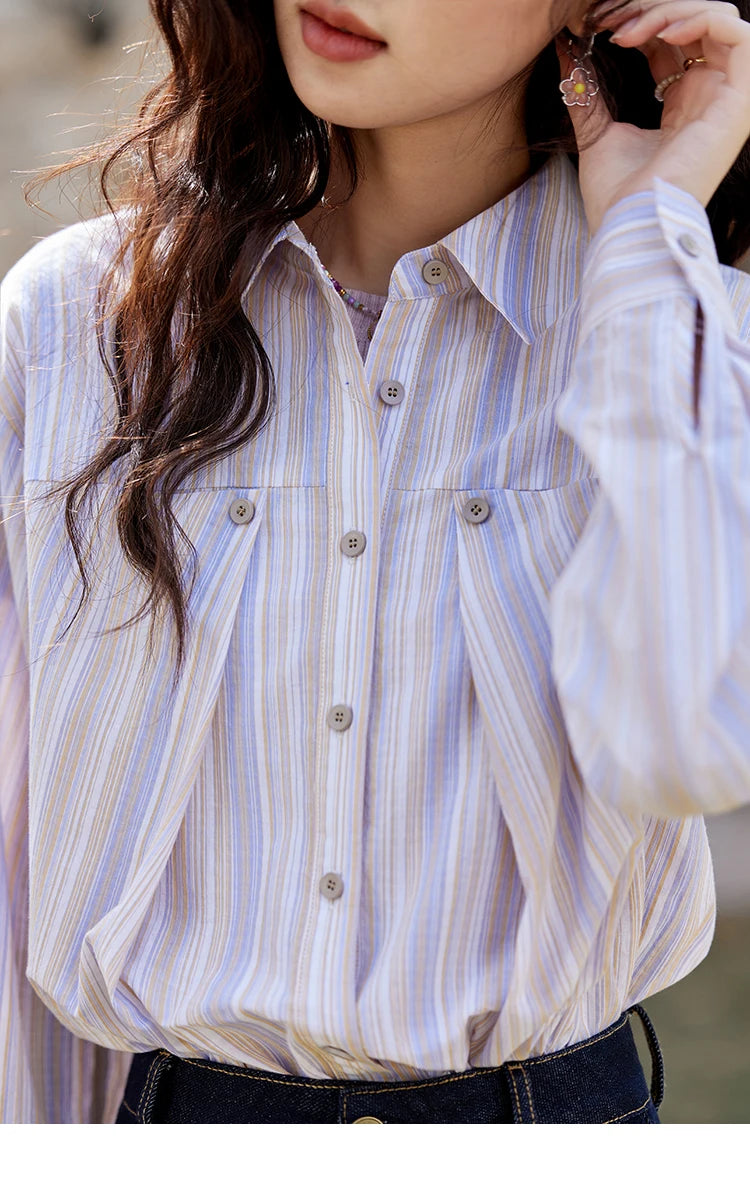 MISHOW Purple Striped Loose Shoulder Shirt for Women 2025 Casual Turn-down Collar Top Single Breasted Commuting Shirt MXE13C0407