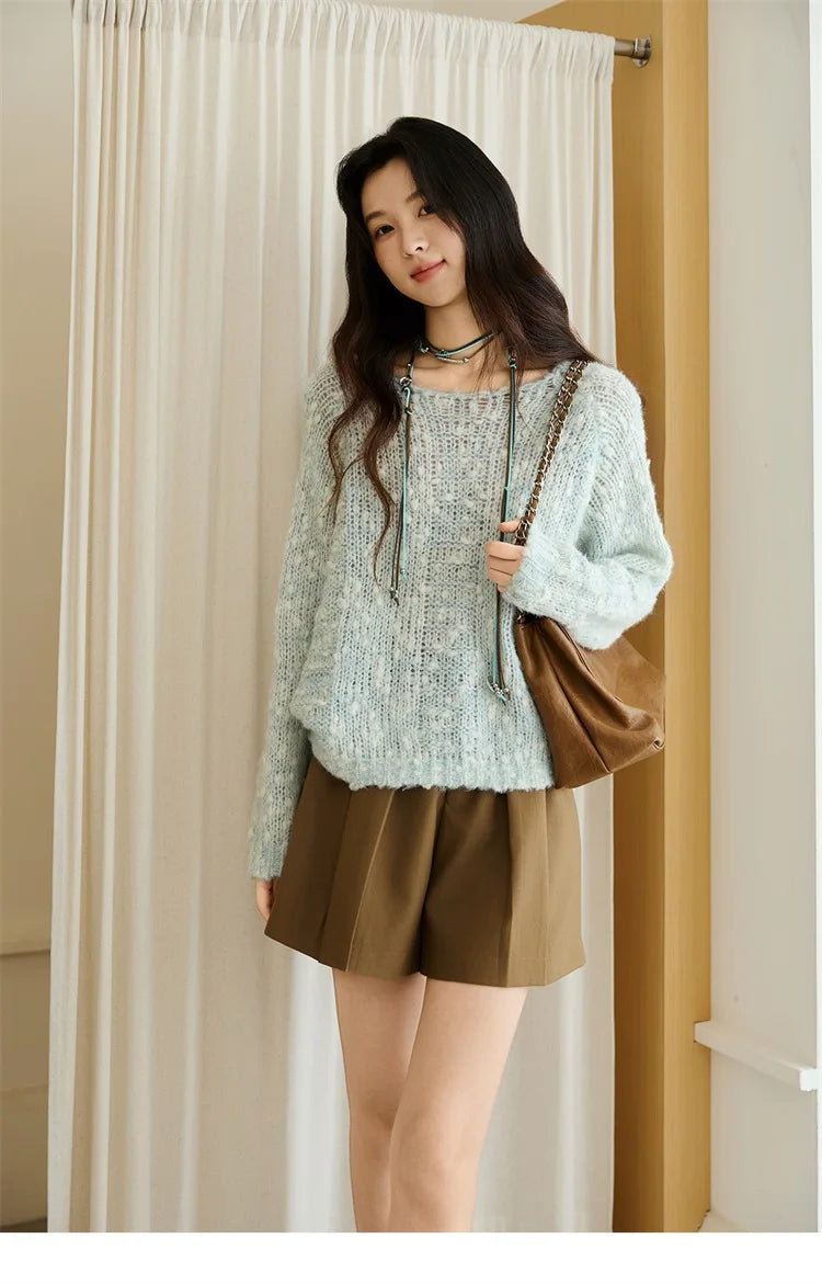 MISHOW Scoop Neck Loose Sweater 2025 Autumn Raglan Sleeve Casual Knitted Top Hollow-out Wool Blend Soft Warm Sweaters MXE46Z2565