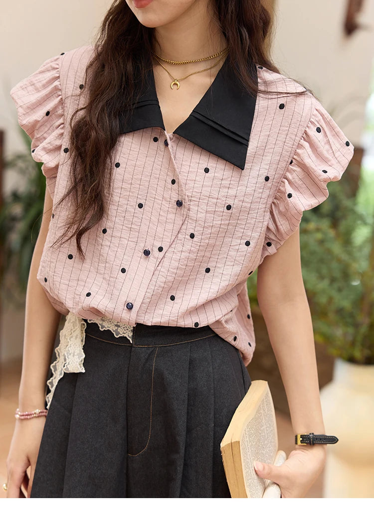 MISHOW Summer Office Lady Blouses Women 2025 Short Sleeve Turn-down Collar Polka Dot Shirts Female Fashion Slim Tops MXE31C0776