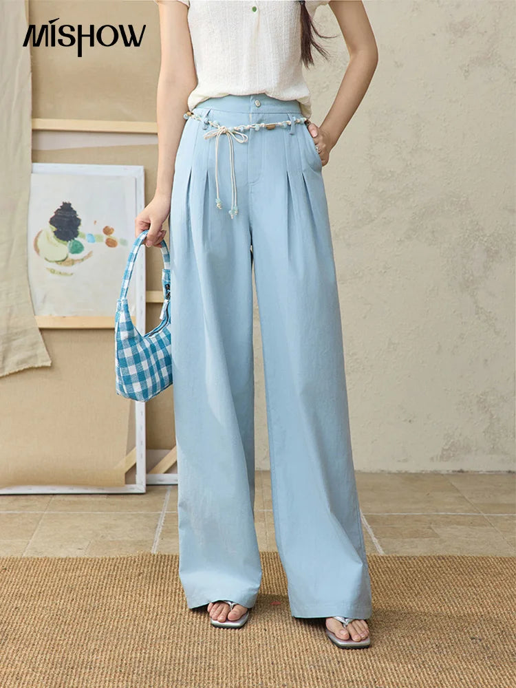 MISHOW Sea Salt Blue Wide Leg Pants 2025 Summer Contrasting Bead Belt Cotton Blend Trousers Slim Commuting Pants MXE35K0931
