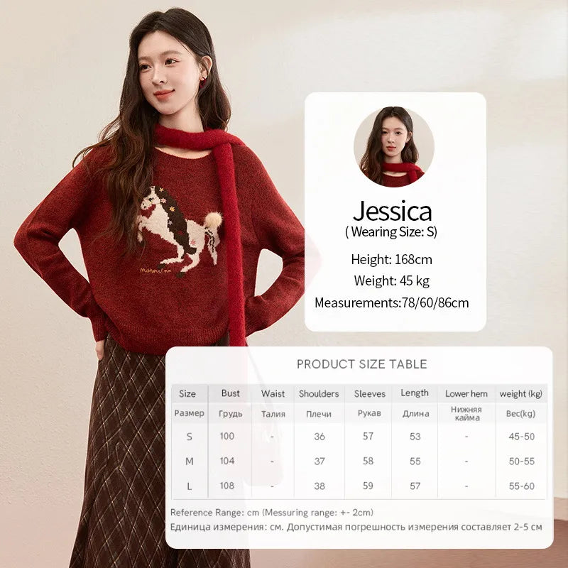 MISHOW Women's Christmas Red Jacquard Embroidered Pony Sweater 2025 Winter Thick Knitted Tops (Scarf Not Included) MXE94Z2861