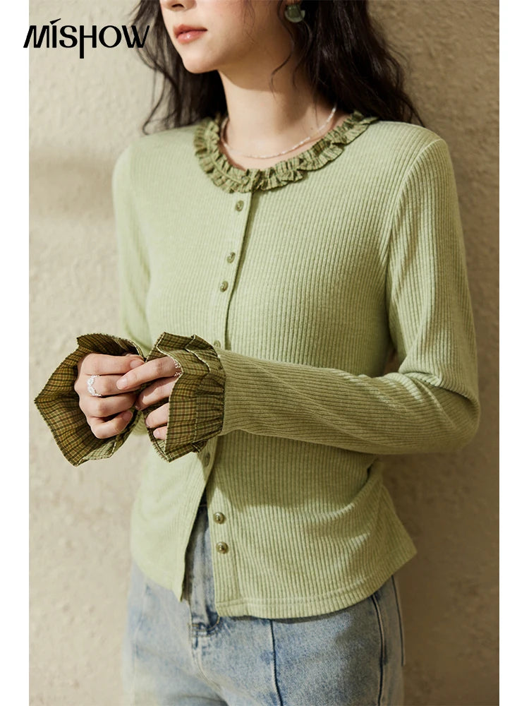 MISHOW Green Plaid Knitted Top 2025 Spring Lotus Leaf Sleeves Tees Slim Long Sleeve Curled Collar Single Breasted Top MXE14Z1152