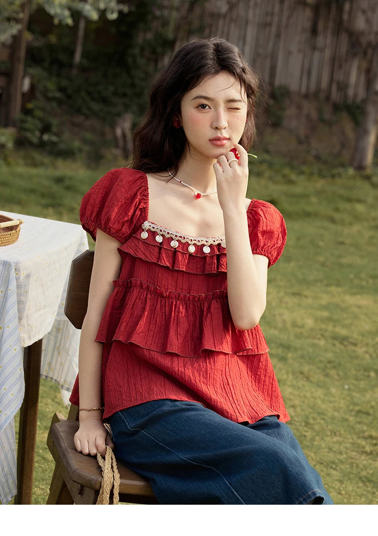 MISHOW French Summer Blouse Women New 2025 Short Sleeve Square Collar Cake Ribbon Shirts Female Fashion Slimming Tops MXE33X1763