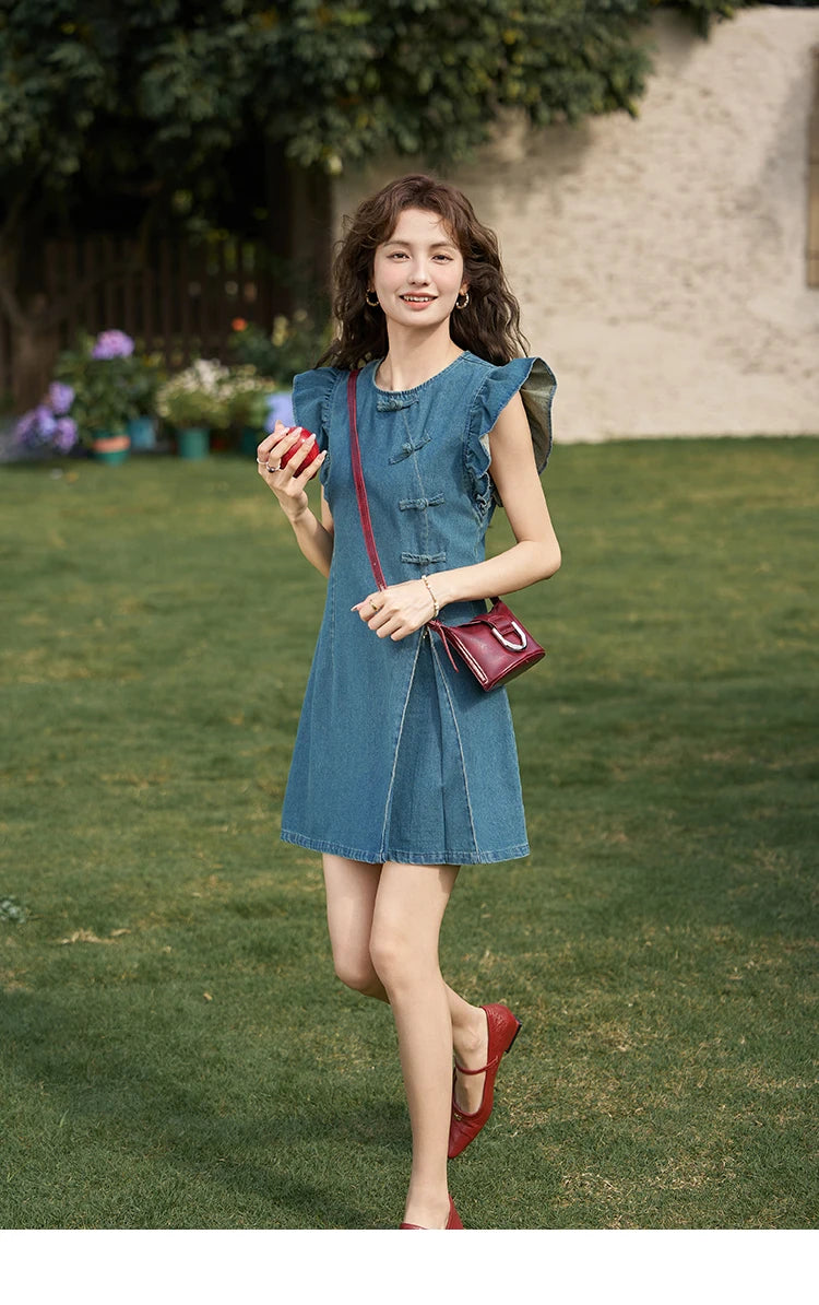 MISHOW Chinese Flying Sleeve Split Denim Dress 2024 Side Flap Buckle Round Neck Denim Waist Loose Knee-Length Dresses MXD22L1851