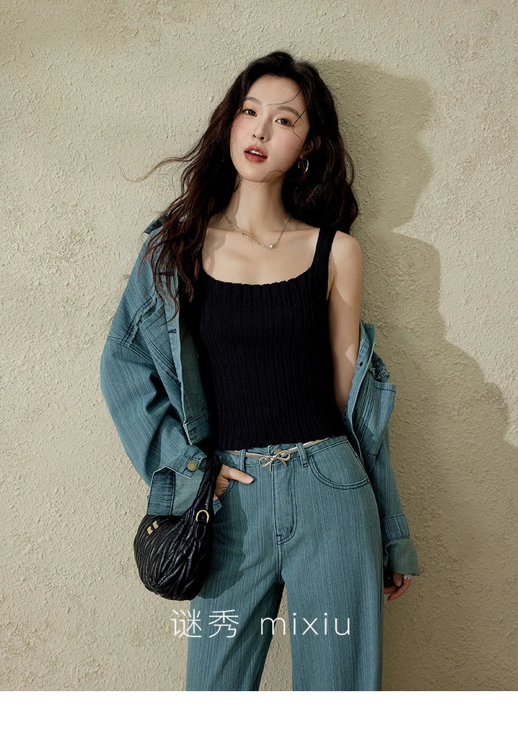 MISHOW Versatile Denim Straight Leg Pants for Women Spring 2025 Embroidery Pockets Commuting Loose Denim Trousers MXE14K0870