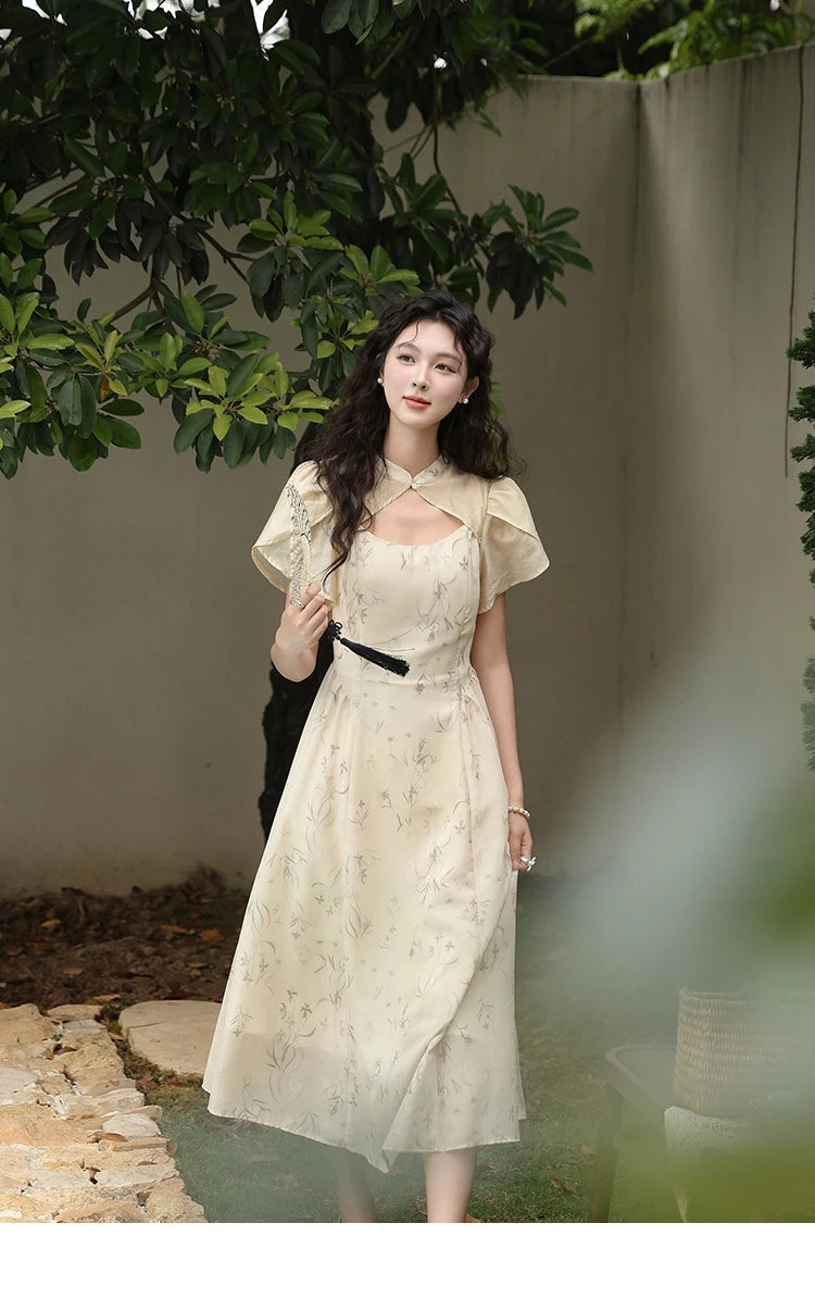 MISHOW Chinese Improved Cheongsam Floral Dress for Women 2024 Summer Hollow Out Fake Two-piece Printed Chiffon Dress MXD23L1799