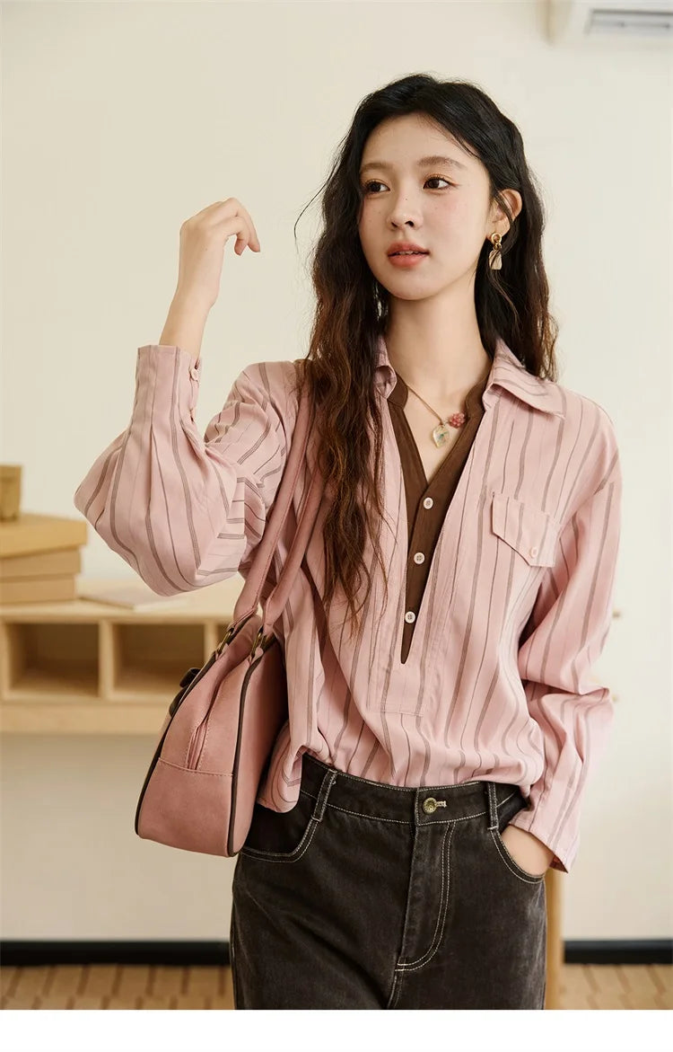 MISHOW Peach Skin Velvet Stripe Shirt for Women Autumn 2025 Double Layered Collar Contrasting Color Shirt Commute Top MXE47C2408