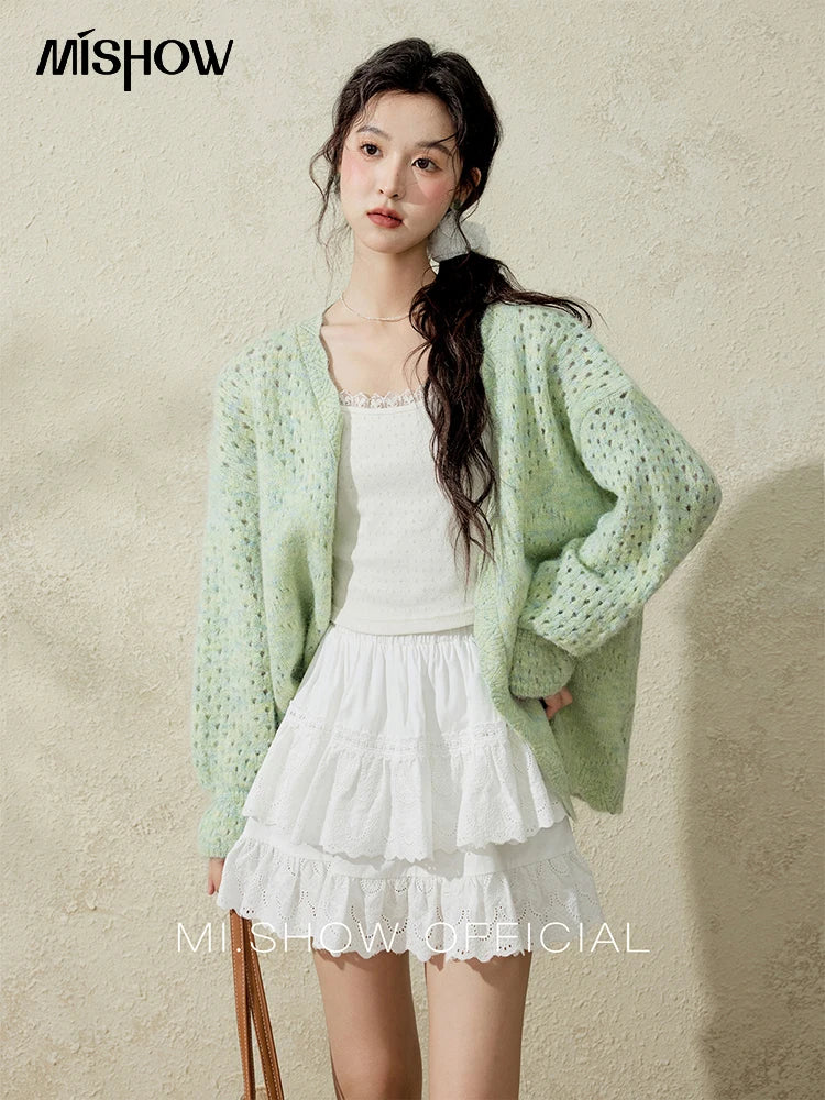 MISHOW Green Knitted Cardigan for Women Spring 2025 Loose Hollow Out Wave Neck Commuting Slim Open Stitch Cardigan MXE12Z1212