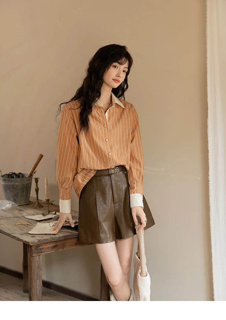 MISHOW Loose Striped Shirt for Women Autumn 2025 Contrasting Lapel Top Single Breasted Patchwork Shirts Office Lady MXD41C0286