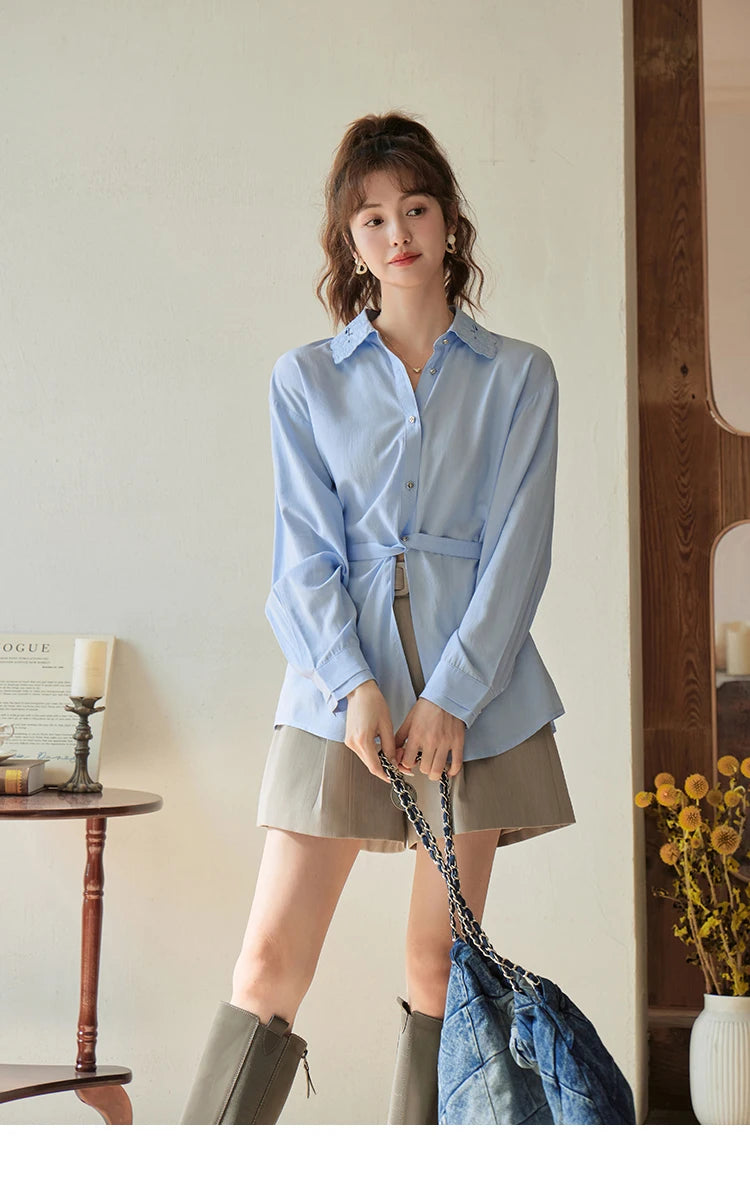 MISHOW Women's Casual Loose Shirt 2023 Autumn Turn-down Collar Embroidery Hollowed Out Single Breasted Mid Length Top MXC41C0077