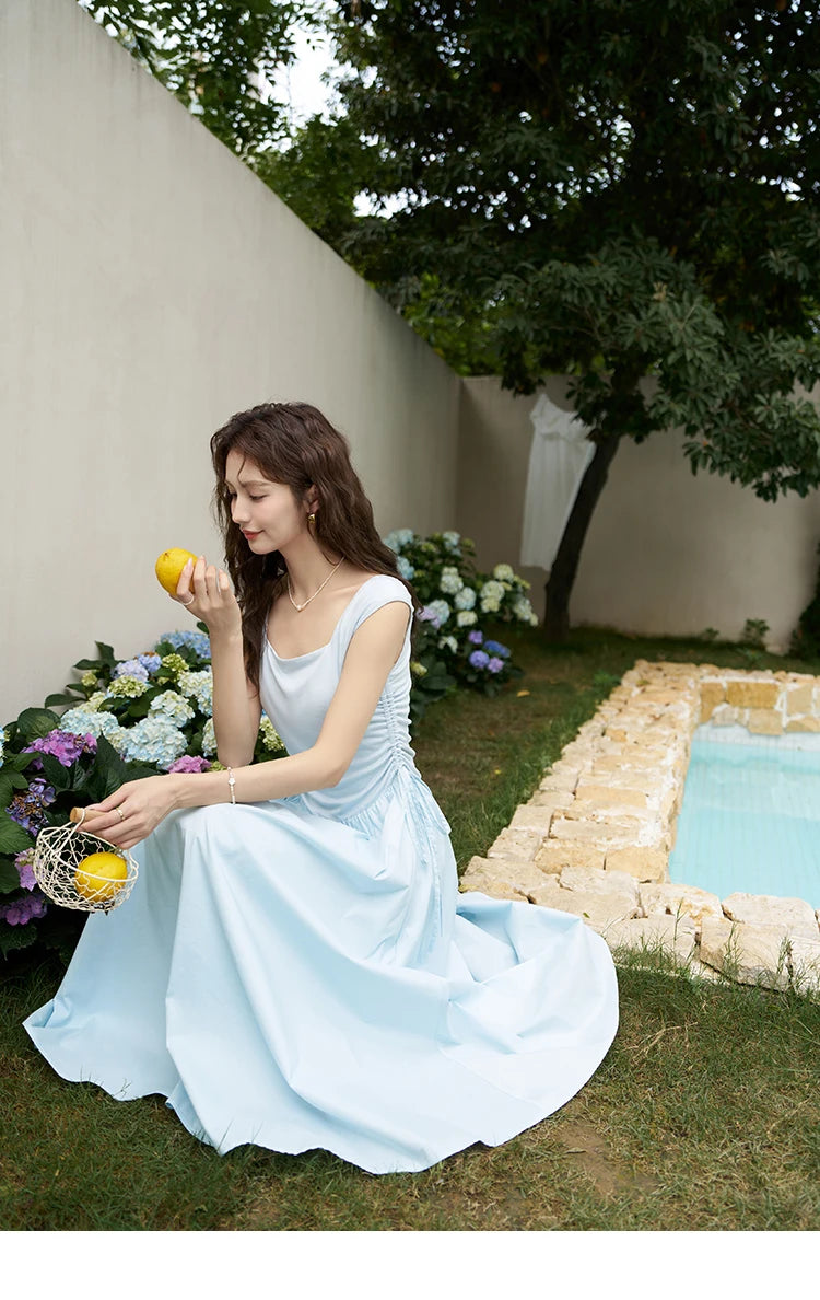 MISHOW Square Neck Patchwork Knitted Long Dress Summer 2024 Minimalist High Waist Side Drawstring Waist Slim Dresses MXD23L1818