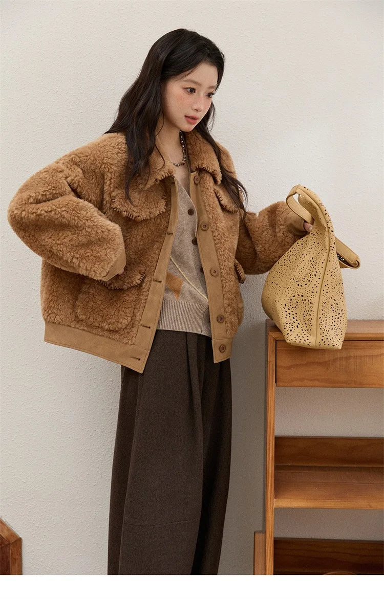 MISHOW Faux Lambskin Coat Women 2025 Winter Retro Turn-down Collar Brown Coat Office Lady Loose Warm Casual Jackets MXE89W0896