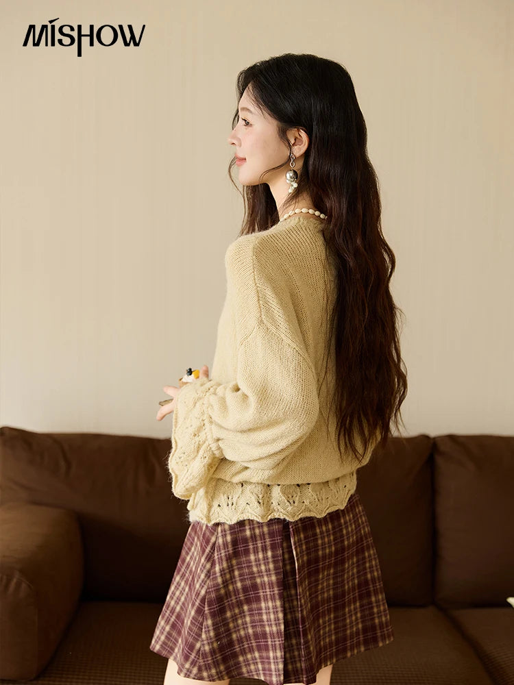 MISHOW Handmade Crochet Sweater Cardigan Autumn Mohair Flare Sleeve Knitted Tops Wave V-neck Lace-up Waist Sweater MXE47Z2513