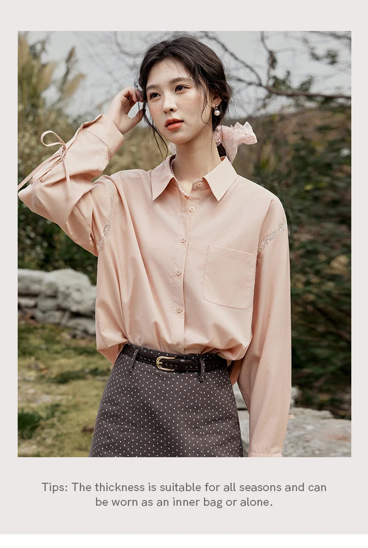 MISHOW Pink Long Sleeve Shirt for Women Spring 2025 Korean Splicing Lace Bow Tie Shirt Polo-neck Solid Versatile Tops MXE16C0767