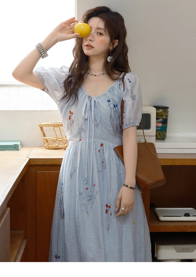 Mishow V-Neck Lace-Up Embroidery Vacation Dress MXE34L2284