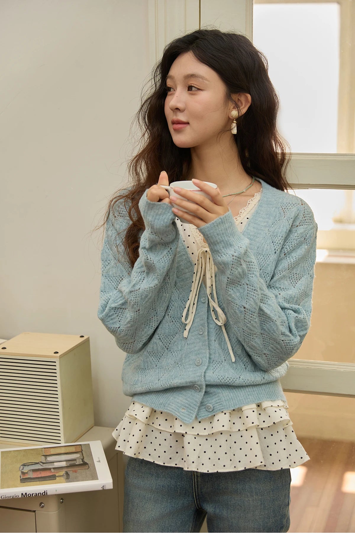 MISHOW Women's Blue Argyle Knitted Cardigan 2025 Autumn V Neck Drop Dropped Sleeve Cardigan Hollow Out Wool Blend Top MXE41Z1313