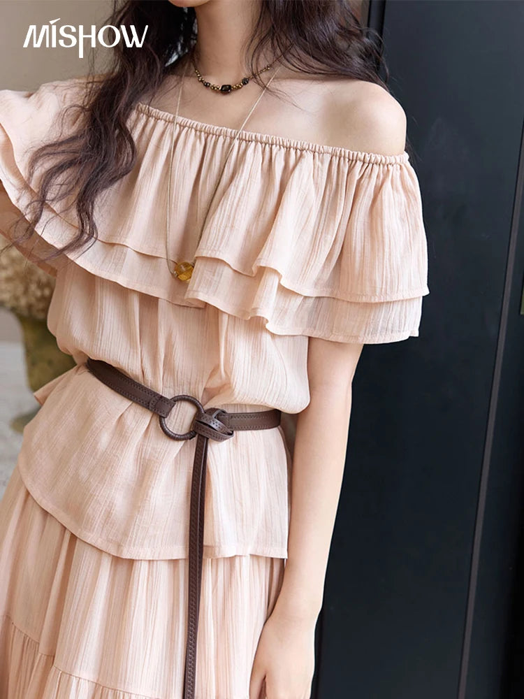 MISHOW Women Fashion Two-Piece Set 2025 Summer Loose Lotus Leaf Edge Off Shoulder Top Elastic Waist Skirt Ladies Set MXE36T0637