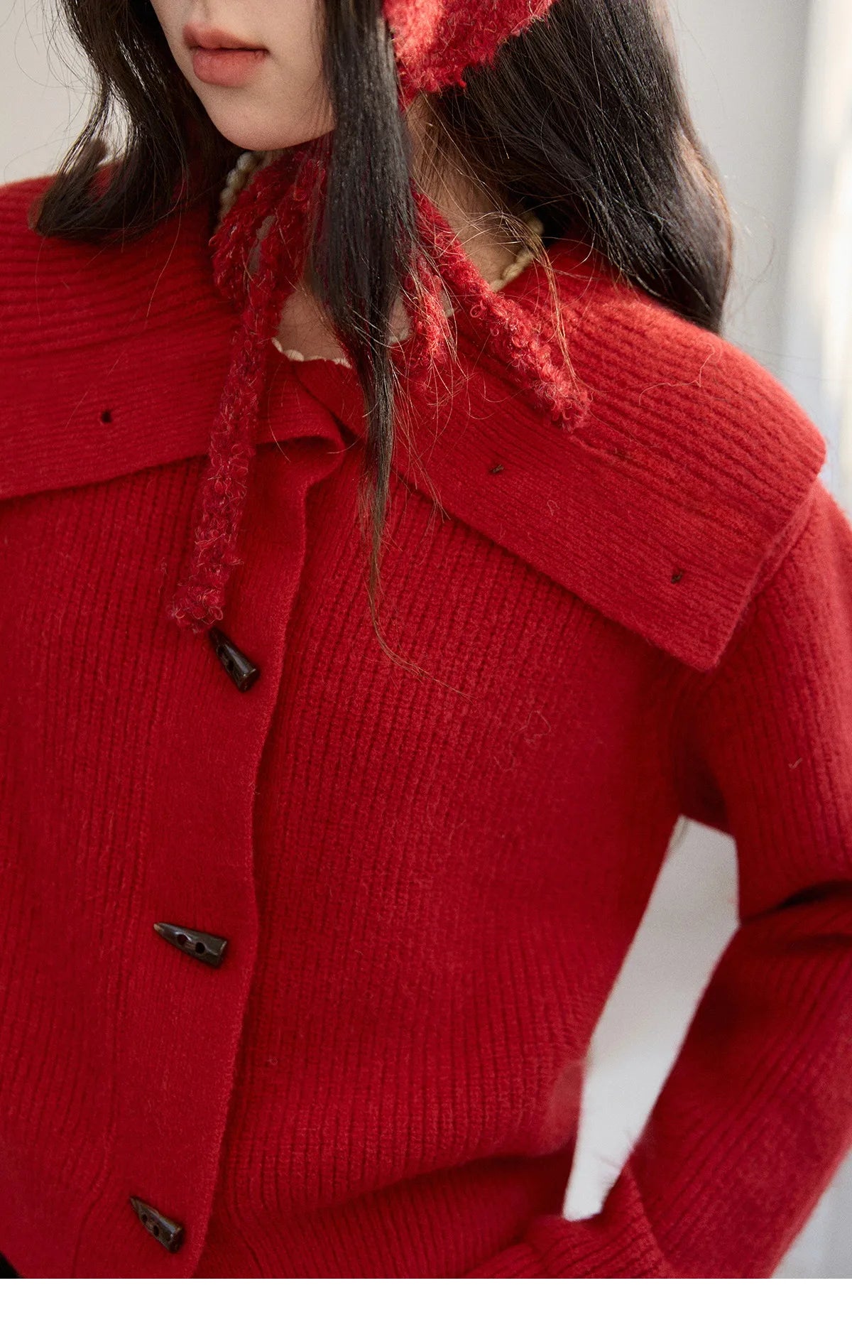 MISHOW Women's Retro Red Bull Horn Button Sweater 2025 Winter Arctic Velvet Warm Knitted Sweater Excluding Headscarf MXE90Z2819