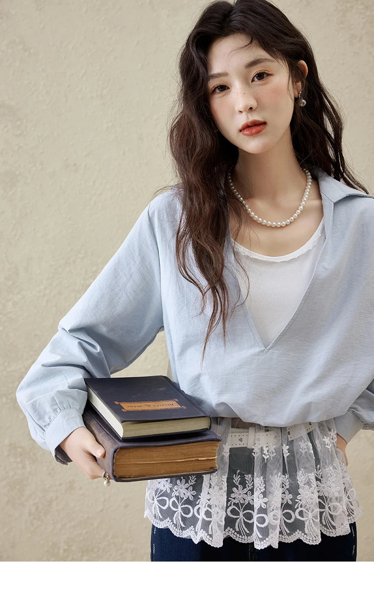 MISHOW French Spring Shirts Women 2025 Long Sleeve Turn-down Collar Fake Two-piece Blouses Female Splicing Lace Tops MXE16C0783