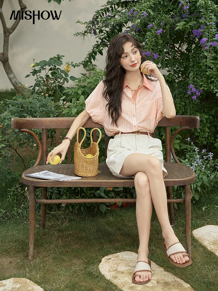 MISHOW Women's Hong Kong Retro Pink Striped Shirt 2024 Summer Short Sleeve Bubble Sleeve Single Breasted Lapel Top MXD28C0250