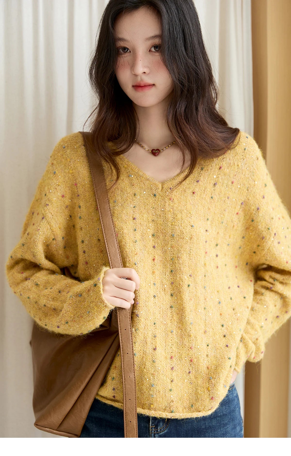 MISHOW Women Long Sleeve Tops 2025 Autumn Retro Yellow Sequins V-neck Sweater Knitted Comfortable Casual Pulllovers MXE47Z2572