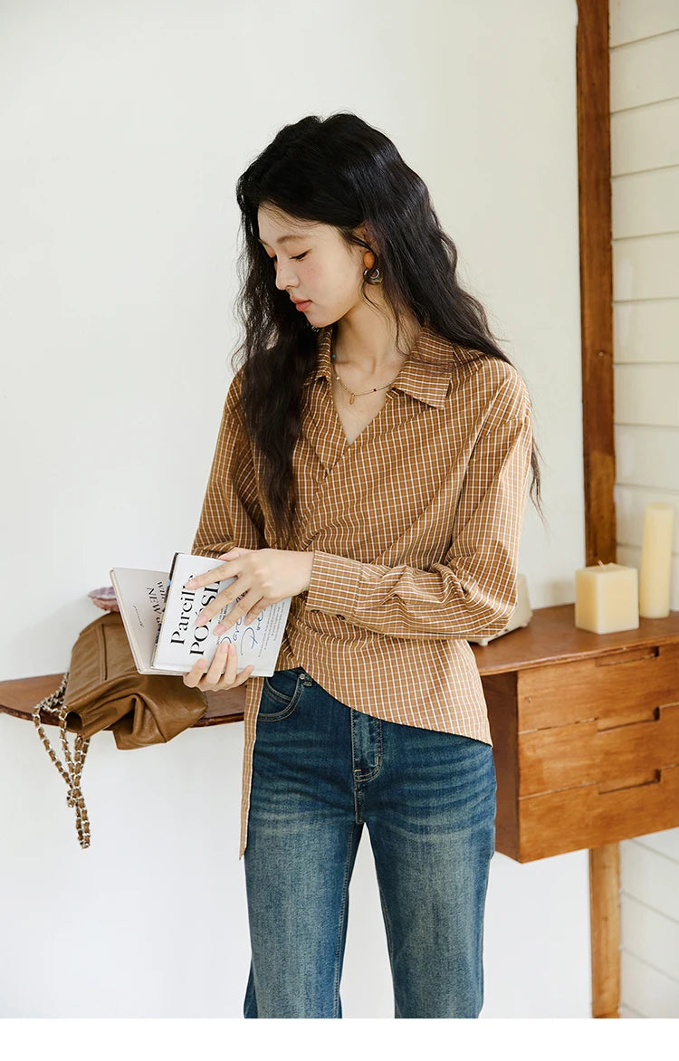 MISHOW Women's 100 Cotton Dark Orange Plaid Shirt  Autumn Design Side Waist Lace-up Long Sleeved Shirts Office Lady MXE46X2494