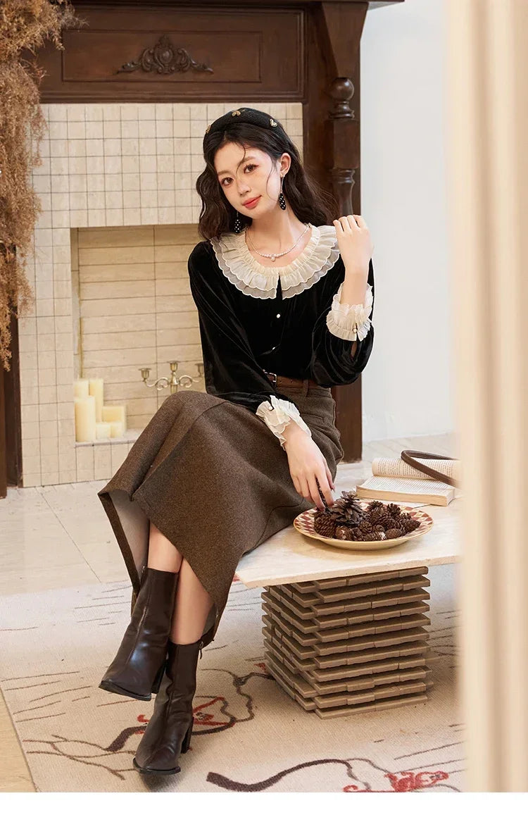 MISHOW French Retro Velvet Blouses for Women 2025 Autumn Winter Button Down O Neck Korean Long Sleeve Shirt Tops MXC51X1323