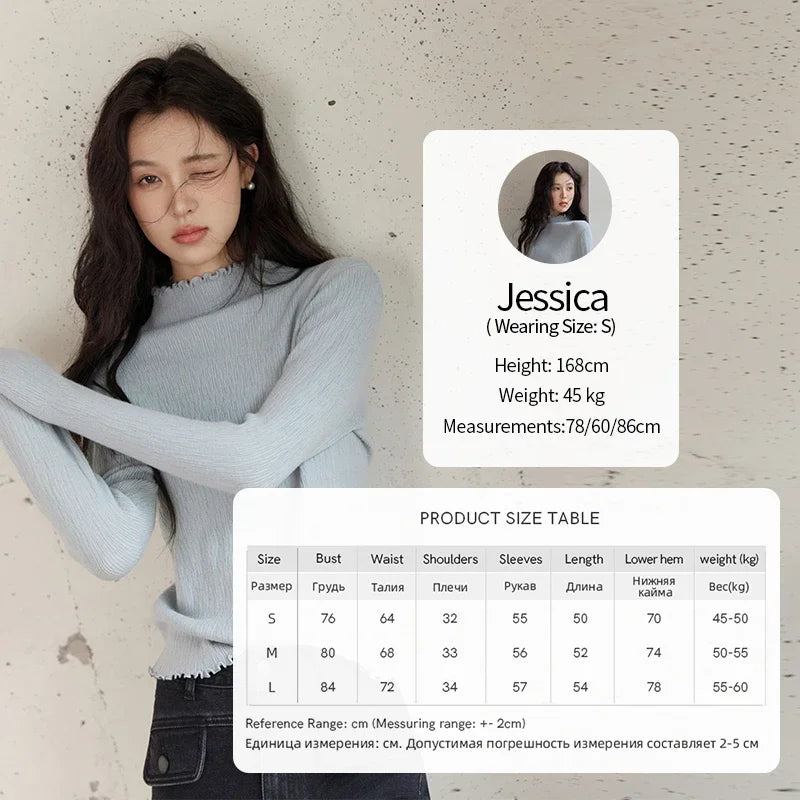 MISHOW Bottom Knitted Sweater Women Ruffled Edge High Collar Long Sleeve 2025 Winter Solid Slim Thin Internal Tops MXD48Z0850