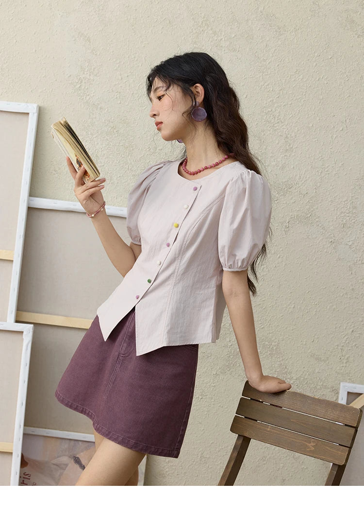 MISHOW Bubble Sleeves  Blouses for Women Summer 2025 Irregular Placket Tops Rainbow Button Solid Blouse Office Lady MXE34X1782