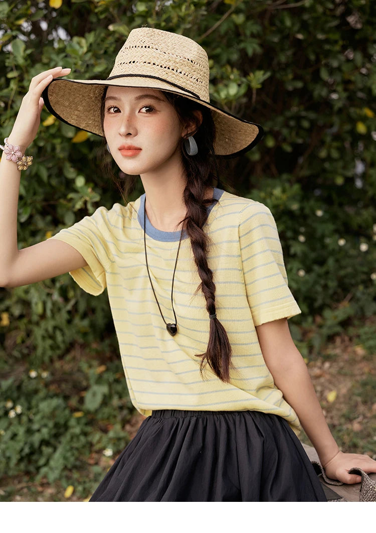 MISHOW Striped Knitted T-shirt for Women Summer 2025 Color Contrasting Round Neck Tees Wool Blended Slim Casual Top MXE35Z1270